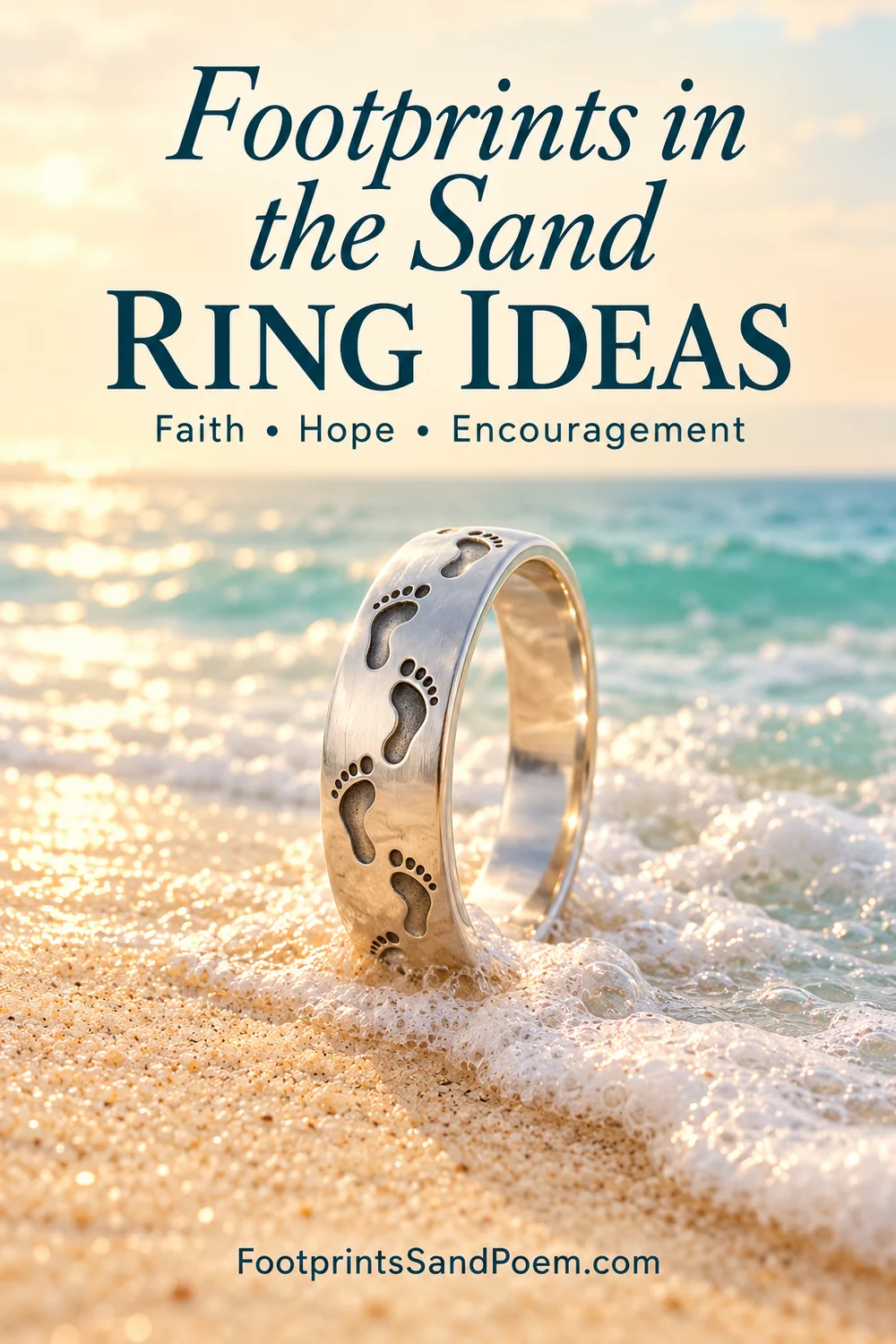 Footprints in the Sand ring ideas: Faith, Hope, Encouragement. A footprint ring on sand beside sea foam.